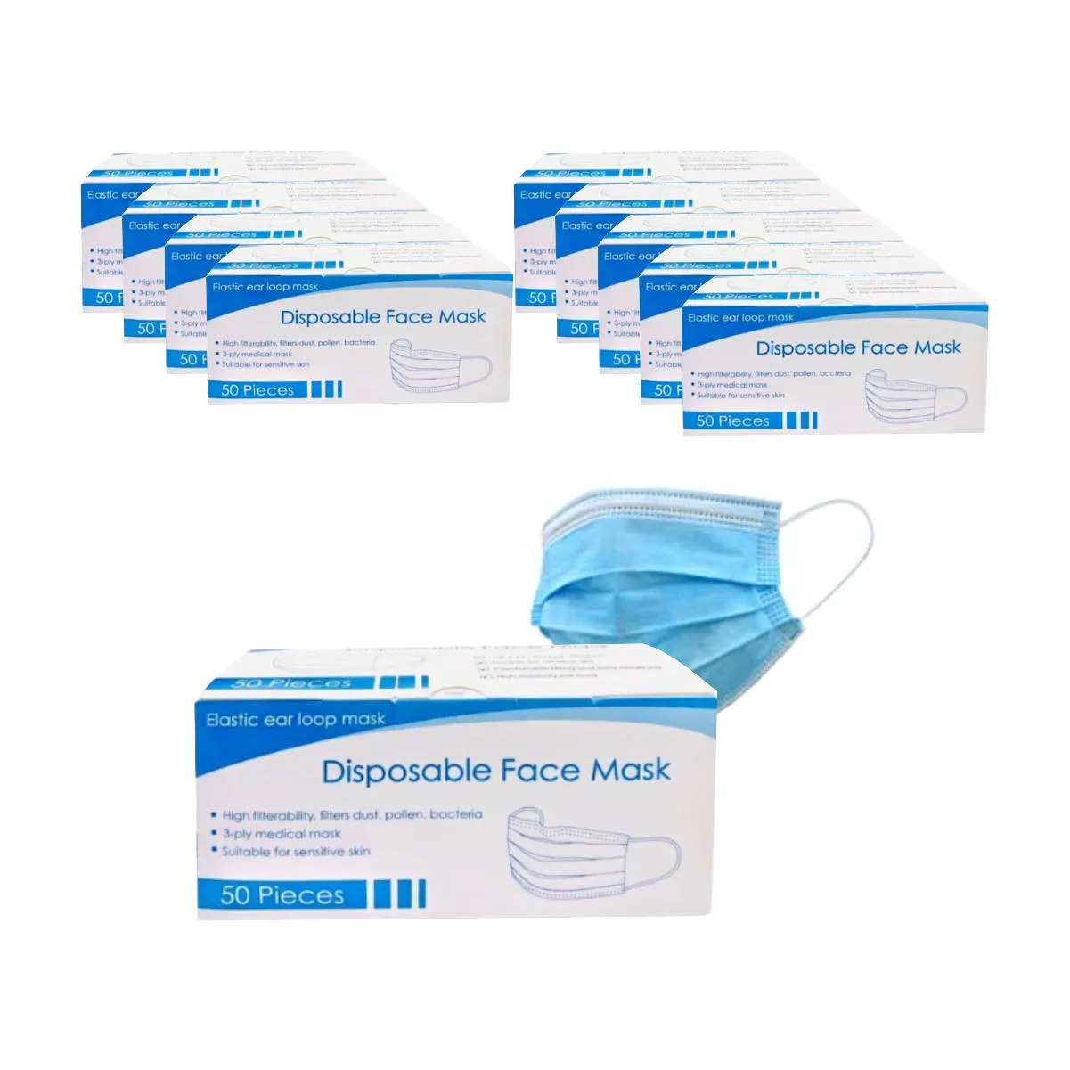 3-Ply Bulk Disposable Face Masks (Case of 500)