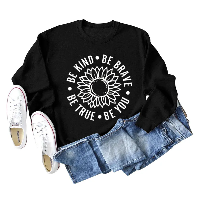 BE KIND BE BRAVE Letters Sunflower Print Long-sleeved Sweatshirt