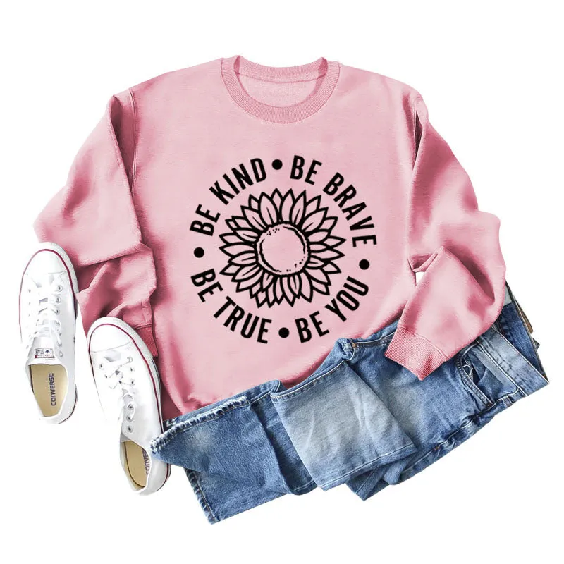 BE KIND BE BRAVE Letters Sunflower Print Long-sleeved Sweatshirt