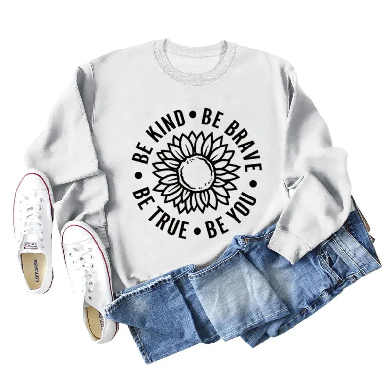 BE KIND BE BRAVE Letters Sunflower Print Long-sleeved Sweatshirt