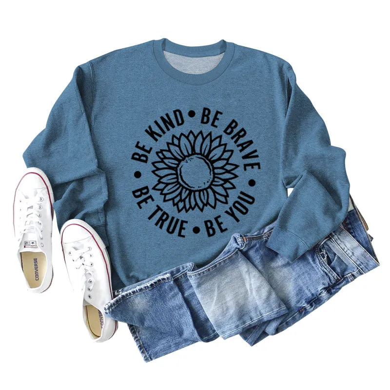 BE KIND BE BRAVE Letters Sunflower Print Long-sleeved Sweatshirt