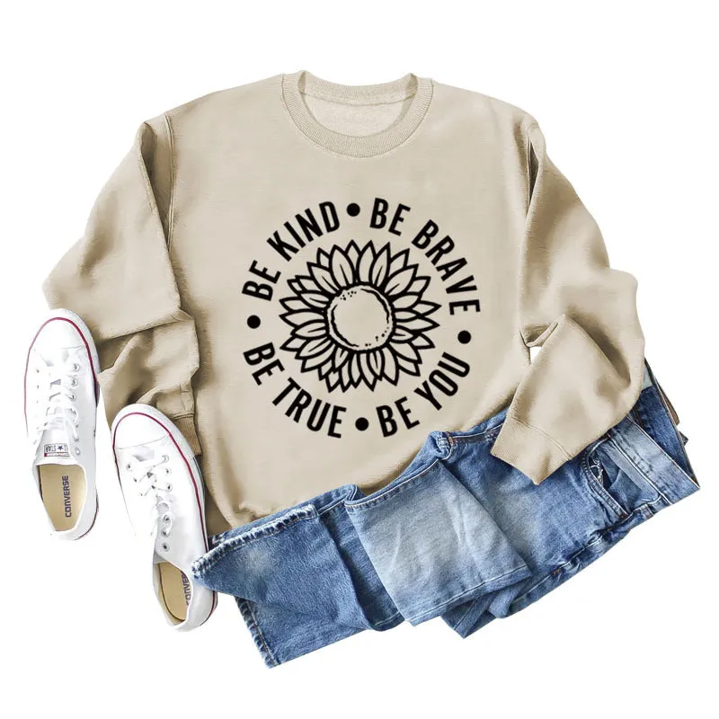 BE KIND BE BRAVE Letters Sunflower Print Long-sleeved Sweatshirt