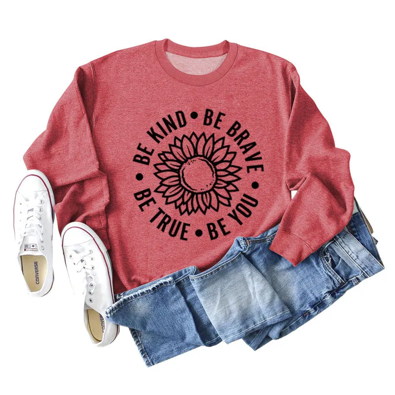 BE KIND BE BRAVE Letters Sunflower Print Long-sleeved Sweatshirt