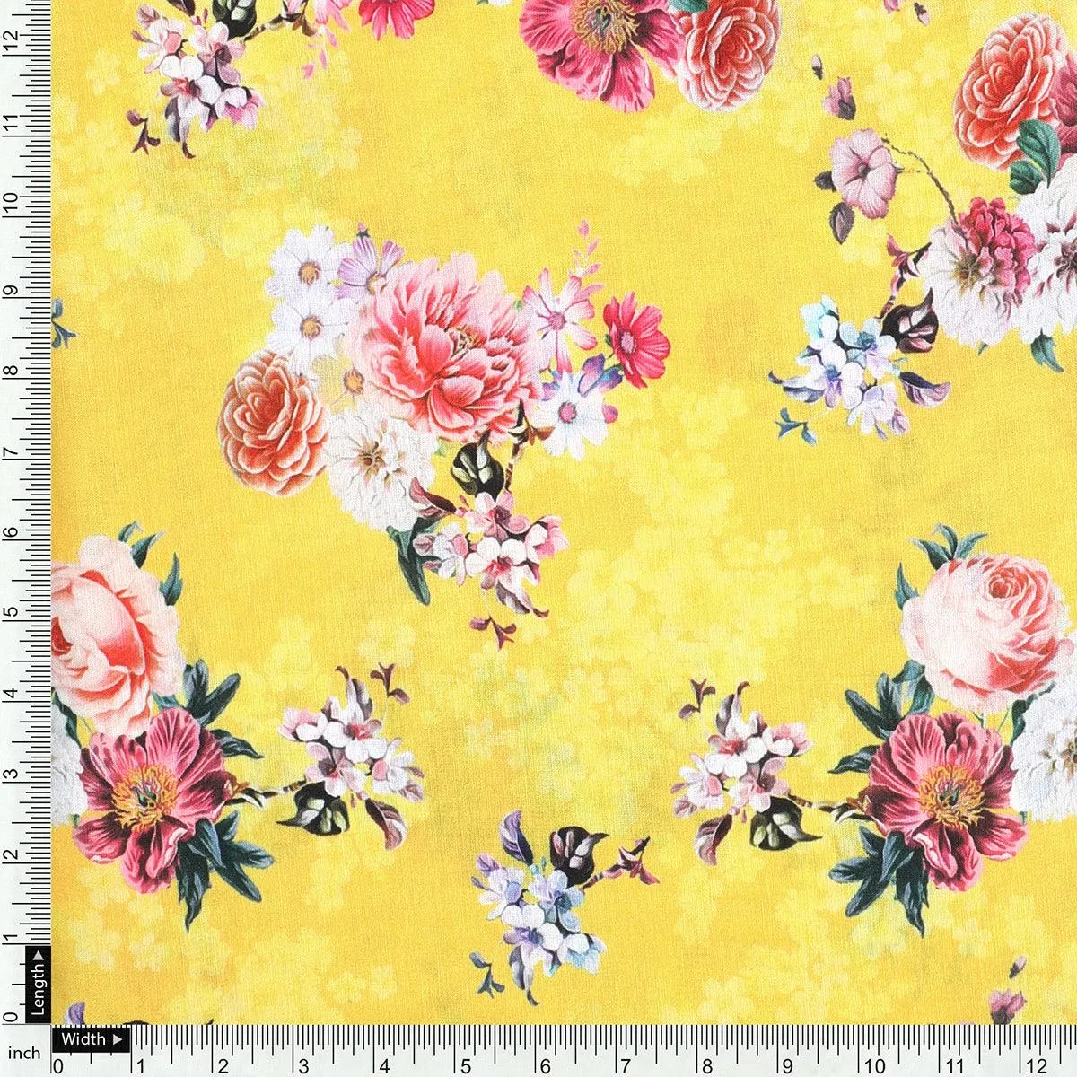 Beautiful Yellow Base Floral Bunch Digital Printed Fabric