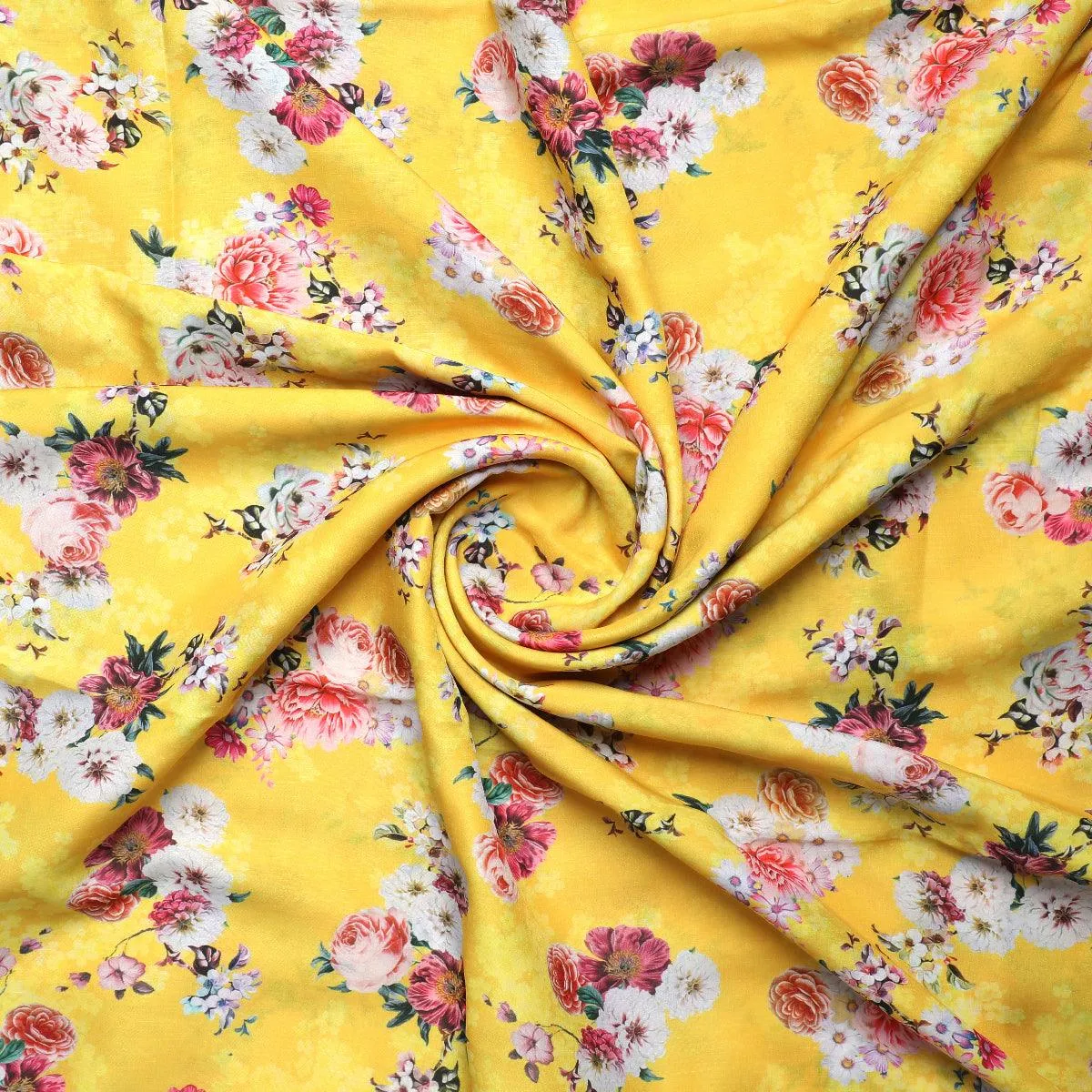 Beautiful Yellow Base Floral Bunch Digital Printed Fabric