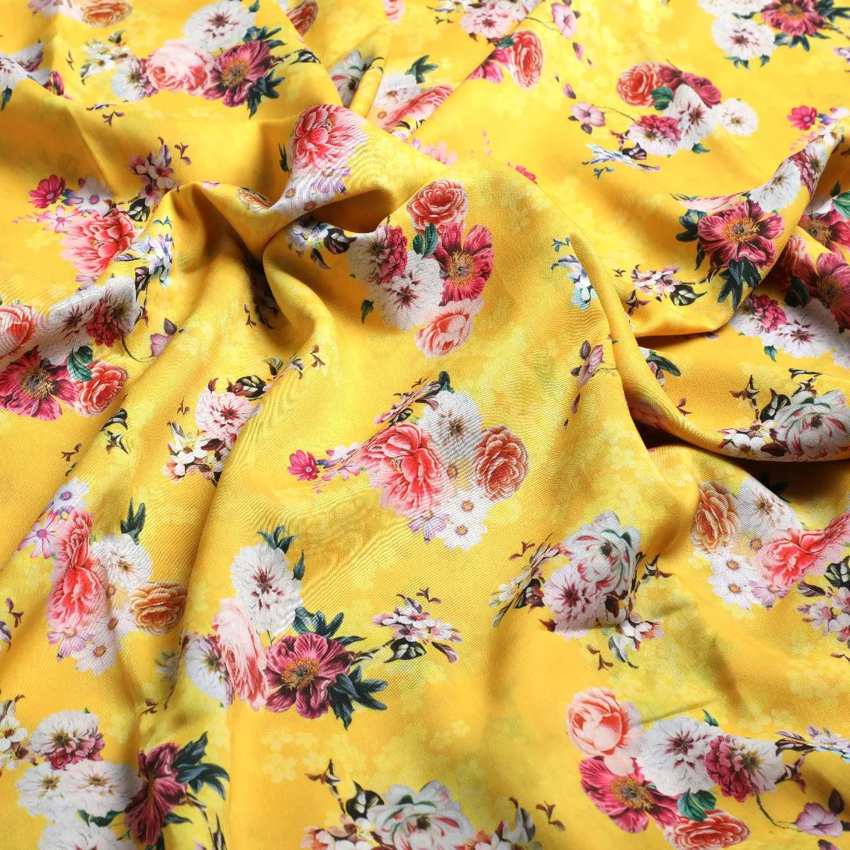 Beautiful Yellow Base Floral Bunch Digital Printed Fabric