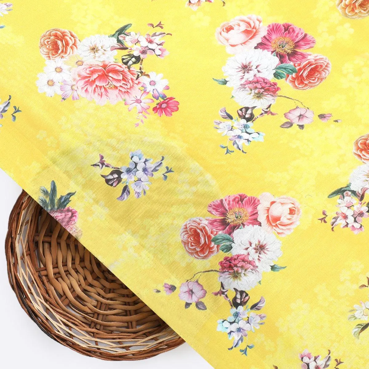 Beautiful Yellow Base Floral Bunch Digital Printed Fabric