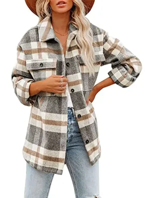 Blansdi Women’s Casual Plaid Flannel Shacket Jacket Oversized Button Down Long Sleeve Fall Shirt Jacket Coat Tops Z-Gray