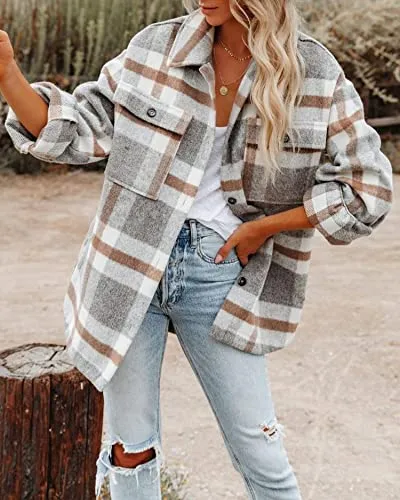 Blansdi Women’s Casual Plaid Flannel Shacket Jacket Oversized Button Down Long Sleeve Fall Shirt Jacket Coat Tops Z-Gray