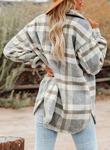 Blansdi Women’s Casual Plaid Flannel Shacket Jacket Oversized Button Down Long Sleeve Fall Shirt Jacket Coat Tops Z-Gray