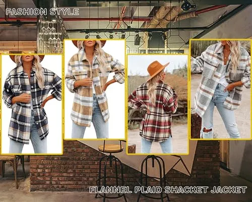 Blansdi Women’s Casual Plaid Flannel Shacket Jacket Oversized Button Down Long Sleeve Fall Shirt Jacket Coat Tops Z-Gray