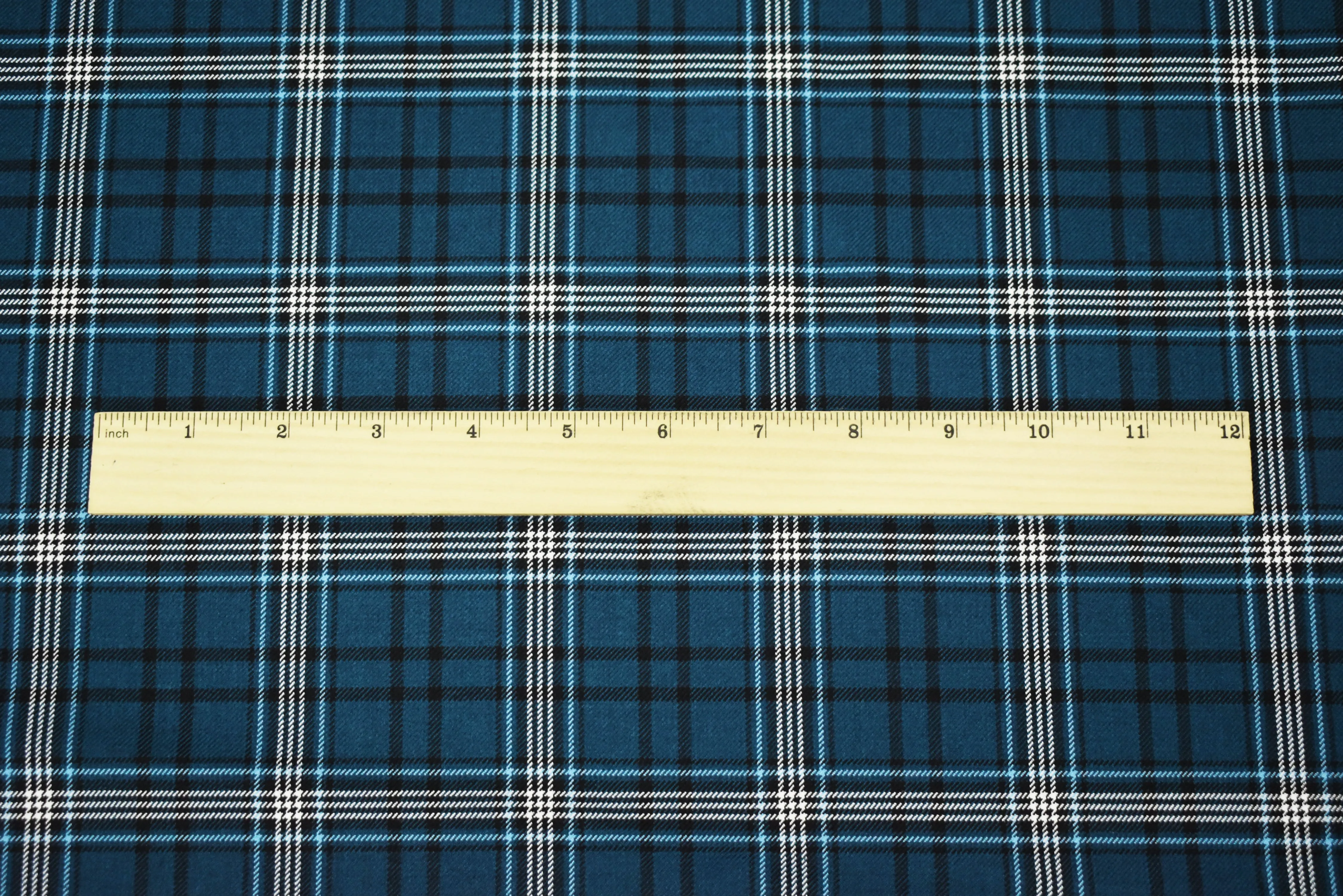 Blue-Black-White Polyester Wool Blend Plaid Twill Suiting Fabric