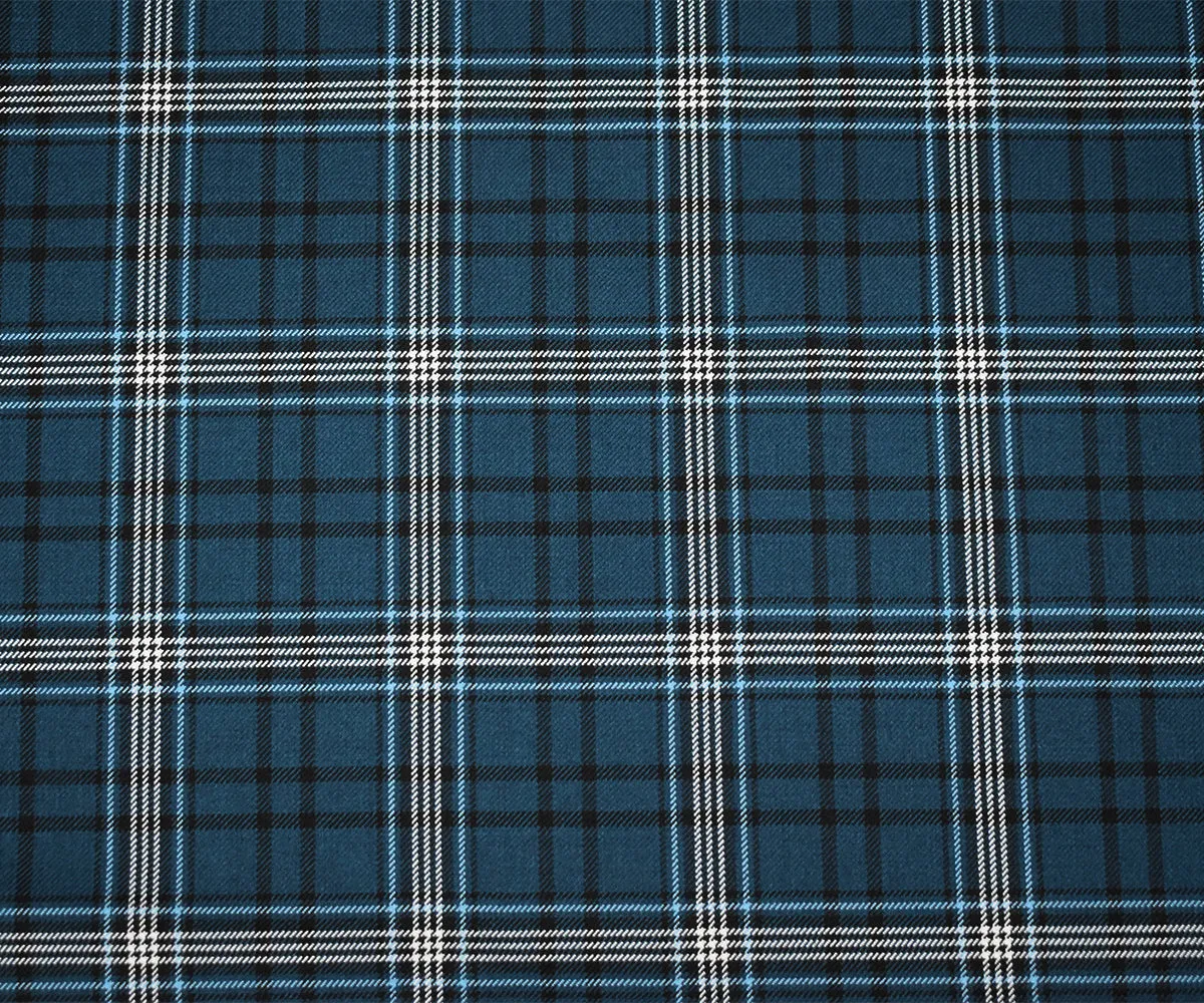 Blue-Black-White Polyester Wool Blend Plaid Twill Suiting Fabric