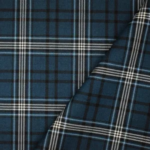 Blue-Black-White Polyester Wool Blend Plaid Twill Suiting Fabric