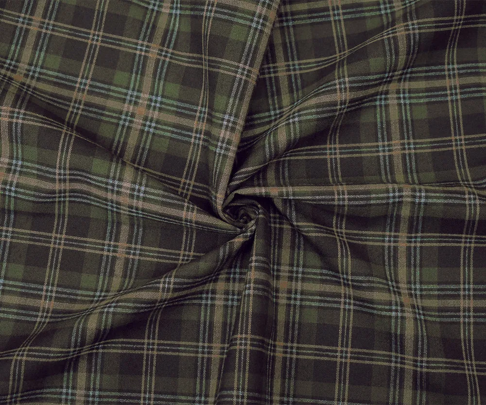 Brown-Green-Multi Poly-Wool Plaid Woven Shirting Fabric