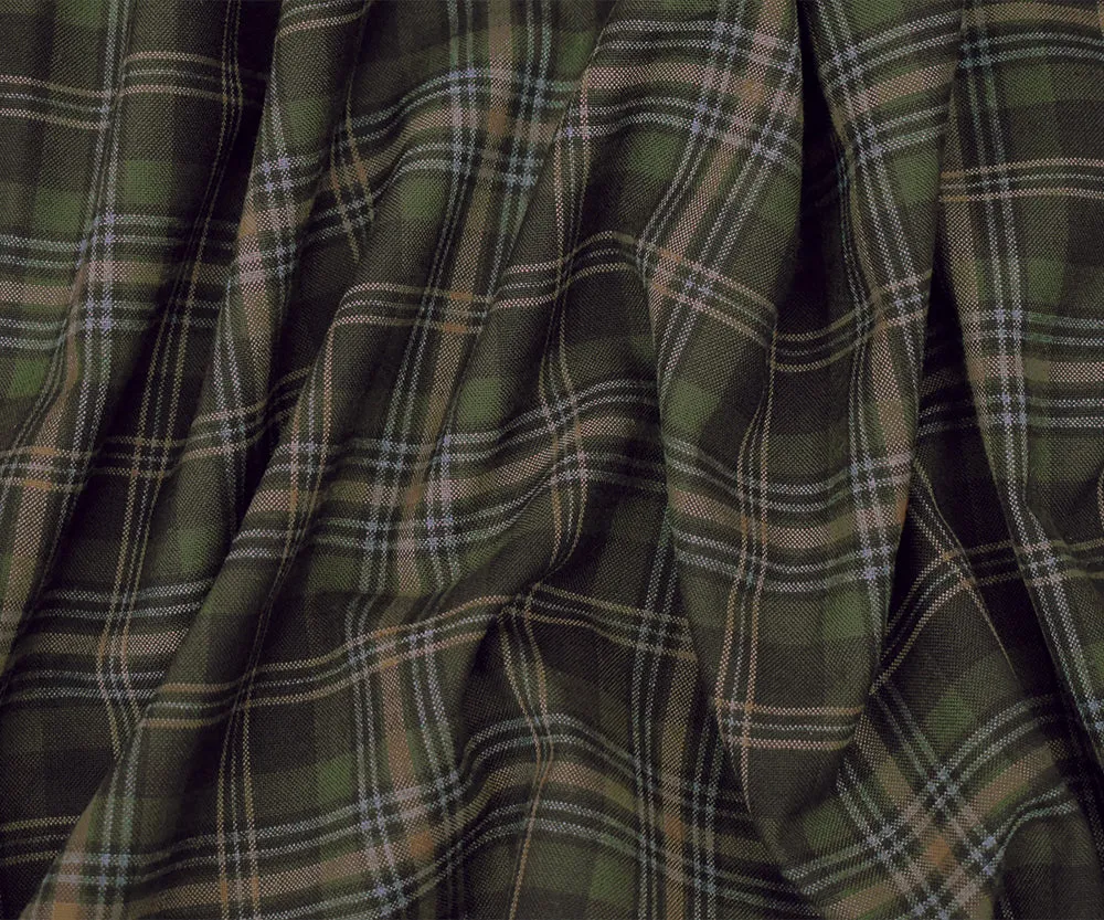 Brown-Green-Multi Poly-Wool Plaid Woven Shirting Fabric