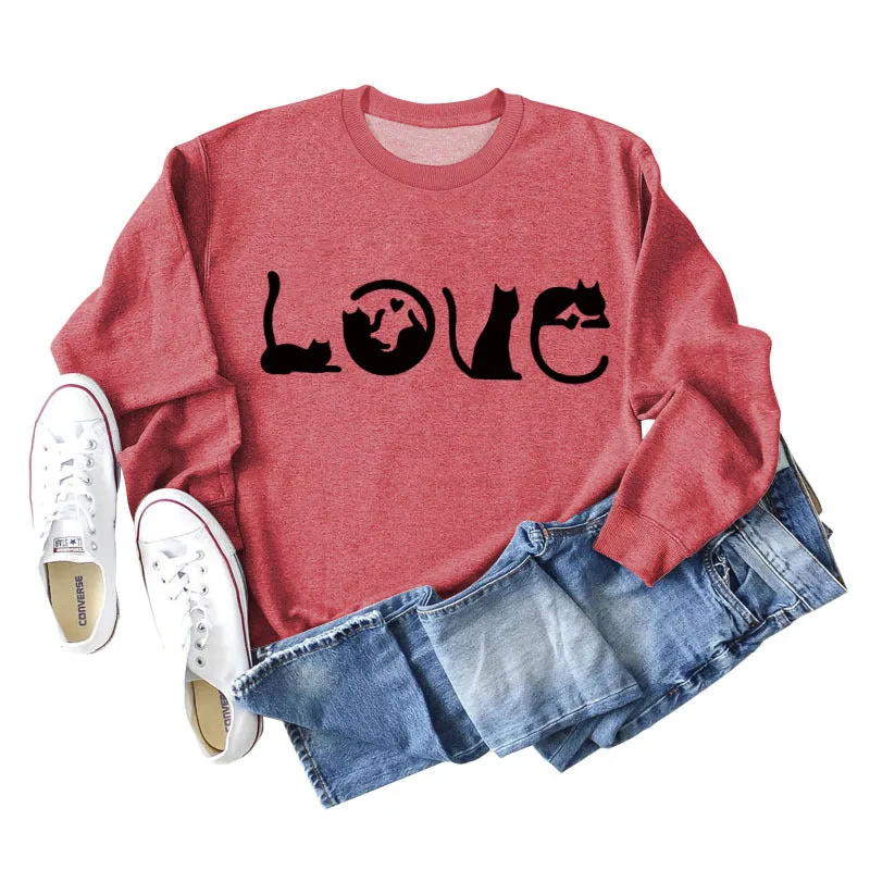 Cute Cat Love Round Neck Loose Women's Long Sleeve Sweatshirt