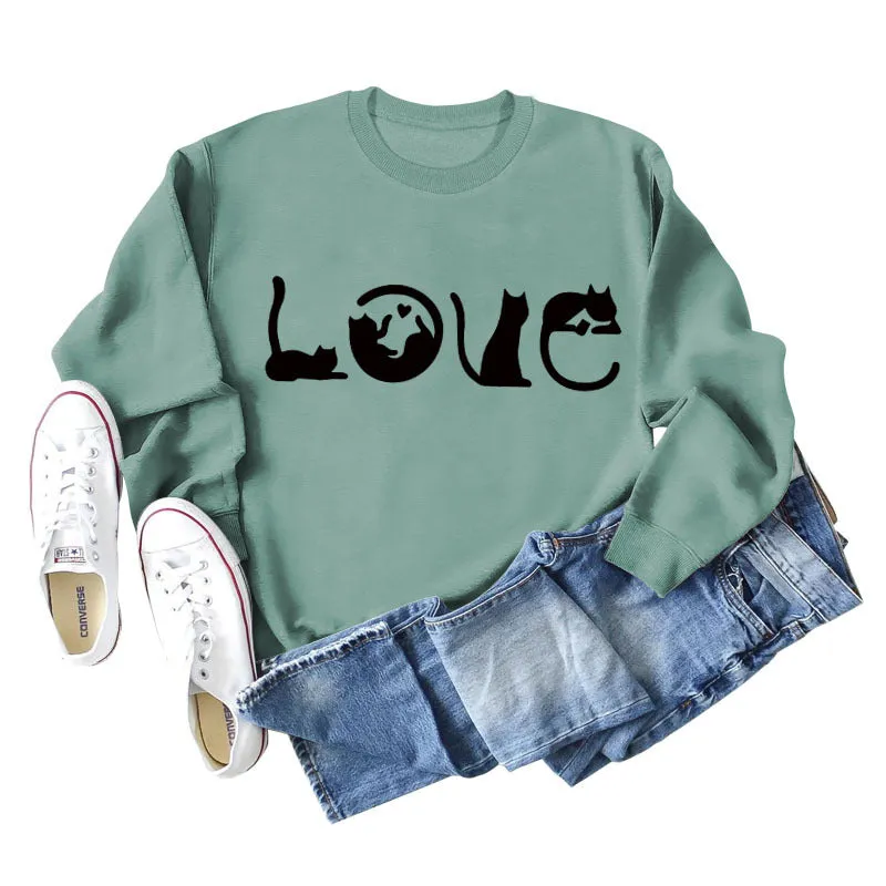 Cute Cat Love Round Neck Loose Women's Long Sleeve Sweatshirt