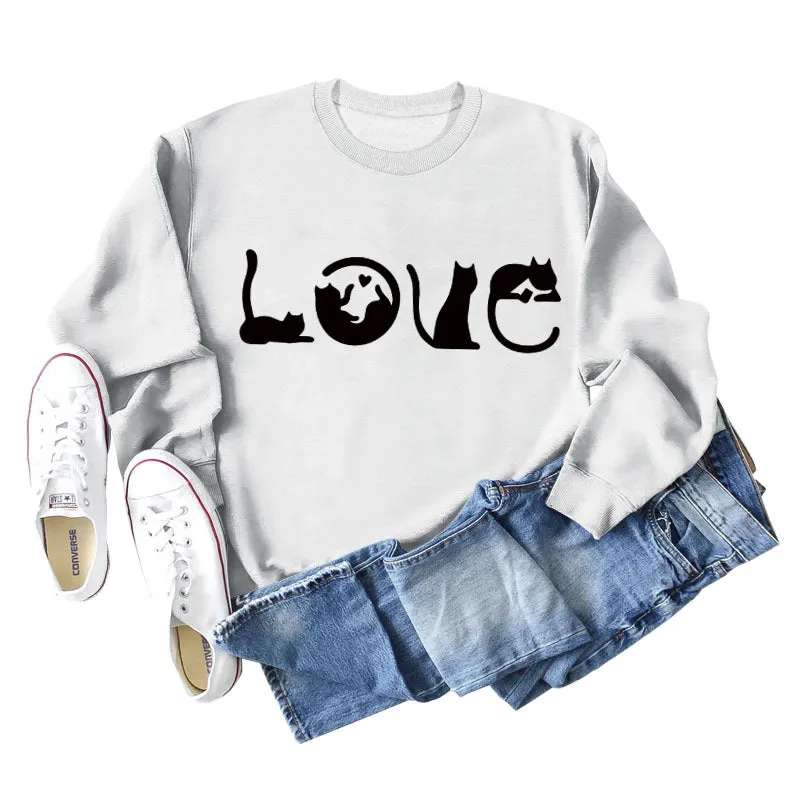 Cute Cat Love Round Neck Loose Women's Long Sleeve Sweatshirt