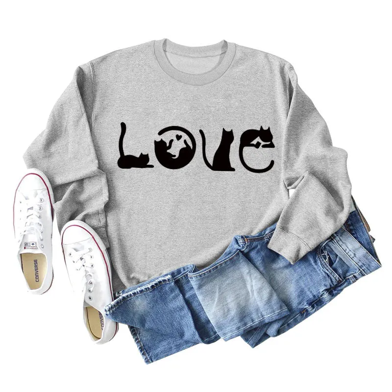 Cute Cat Love Round Neck Loose Women's Long Sleeve Sweatshirt