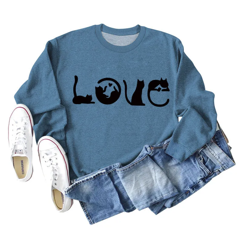 Cute Cat Love Round Neck Loose Women's Long Sleeve Sweatshirt