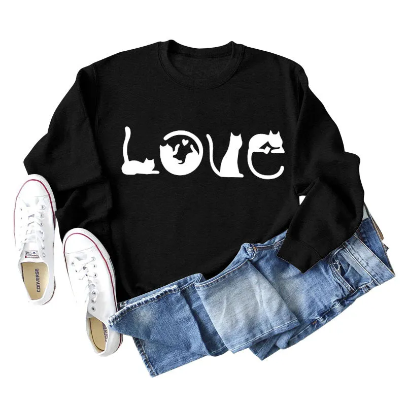 Cute Cat Love Round Neck Loose Women's Long Sleeve Sweatshirt