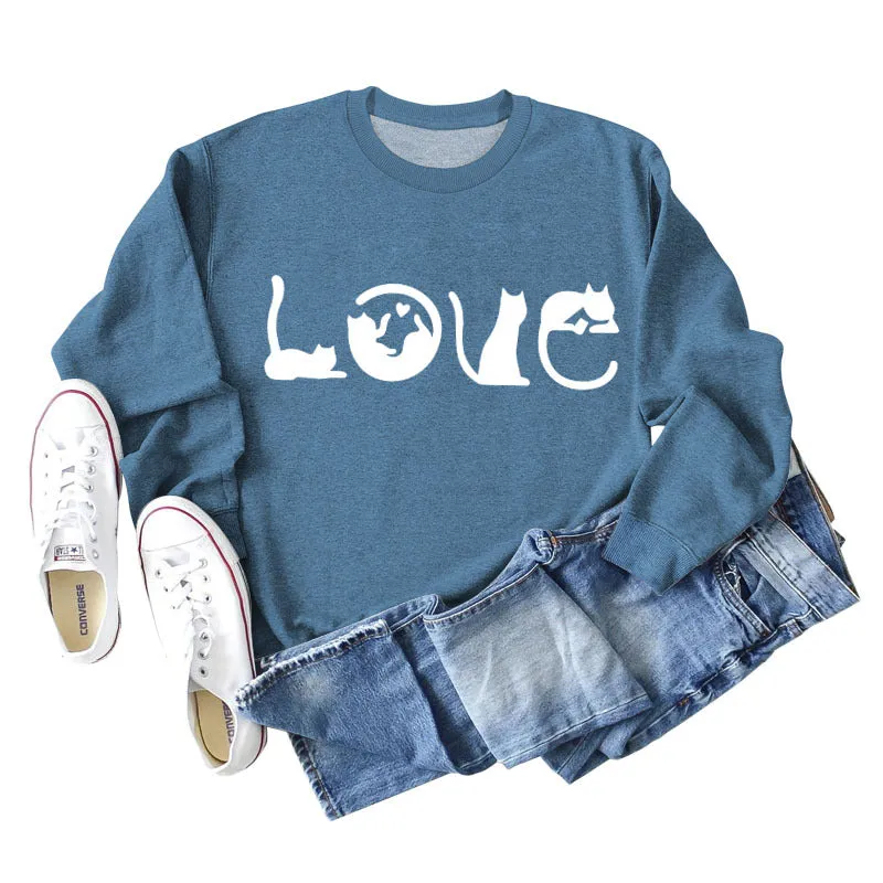 Cute Cat Love Round Neck Loose Women's Long Sleeve Sweatshirt