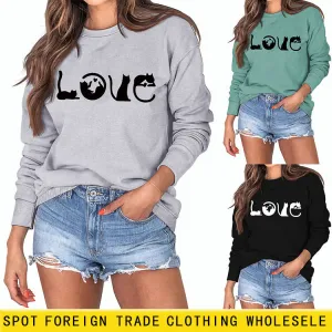 Cute Cat Love Round Neck Loose Women's Long Sleeve Sweatshirt