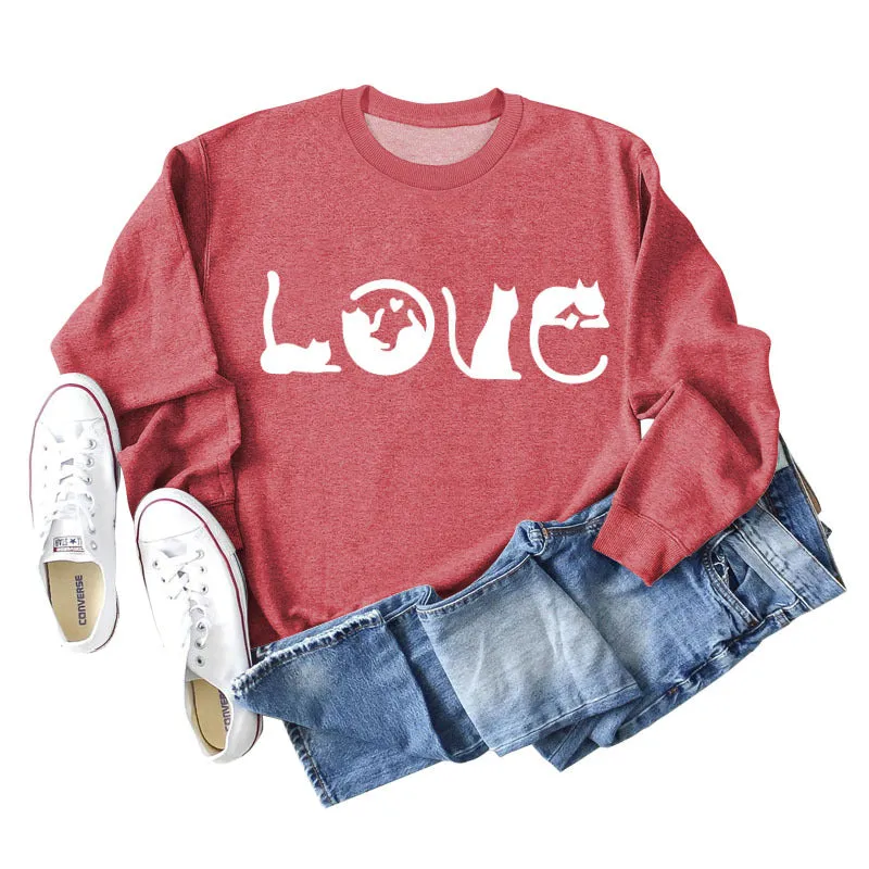 Cute Cat Love Round Neck Loose Women's Long Sleeve Sweatshirt