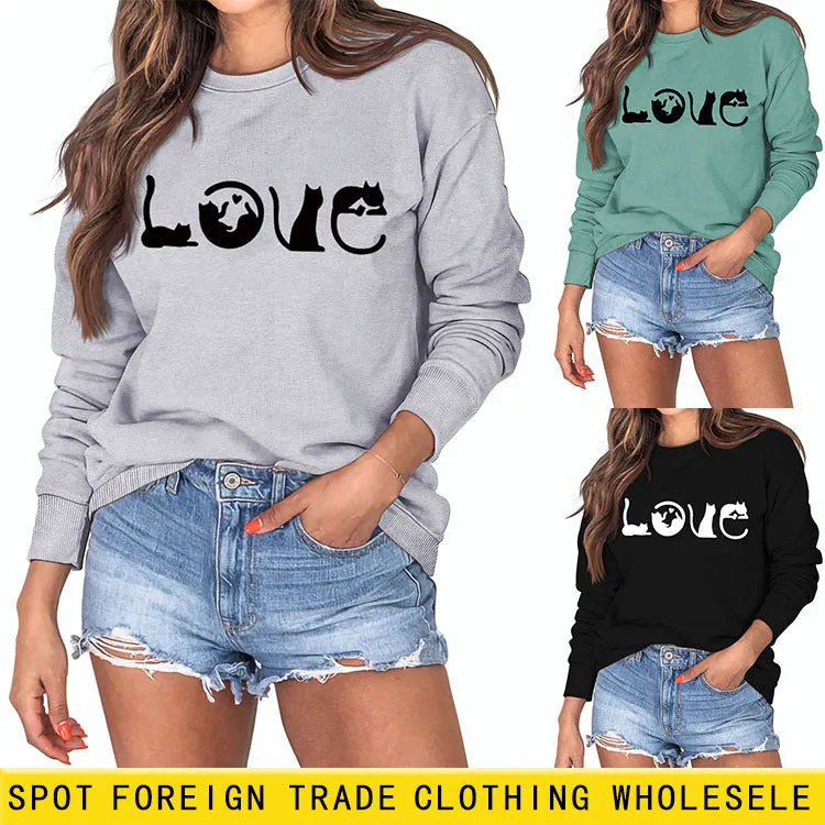 Cute Cat Love Round Neck Loose Women's Long Sleeve Sweatshirt