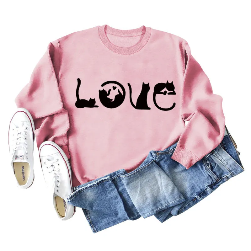 Cute Cat Love Round Neck Loose Women's Long Sleeve Sweatshirt