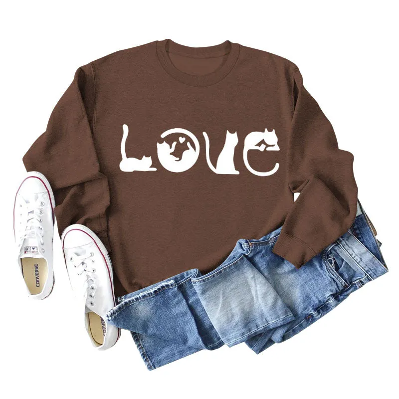 Cute Cat Love Round Neck Loose Women's Long Sleeve Sweatshirt