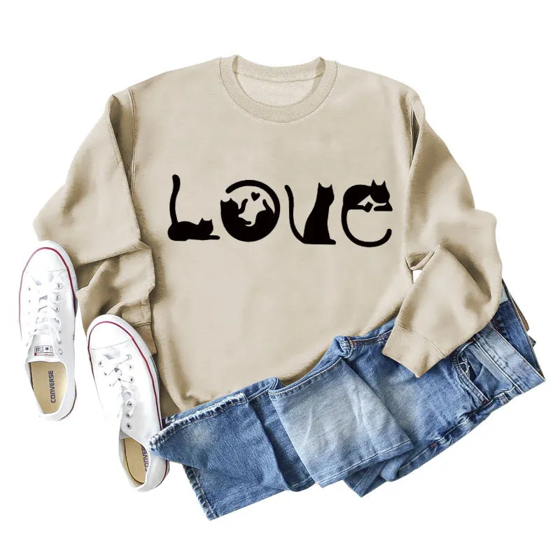 Cute Cat Love Round Neck Loose Women's Long Sleeve Sweatshirt