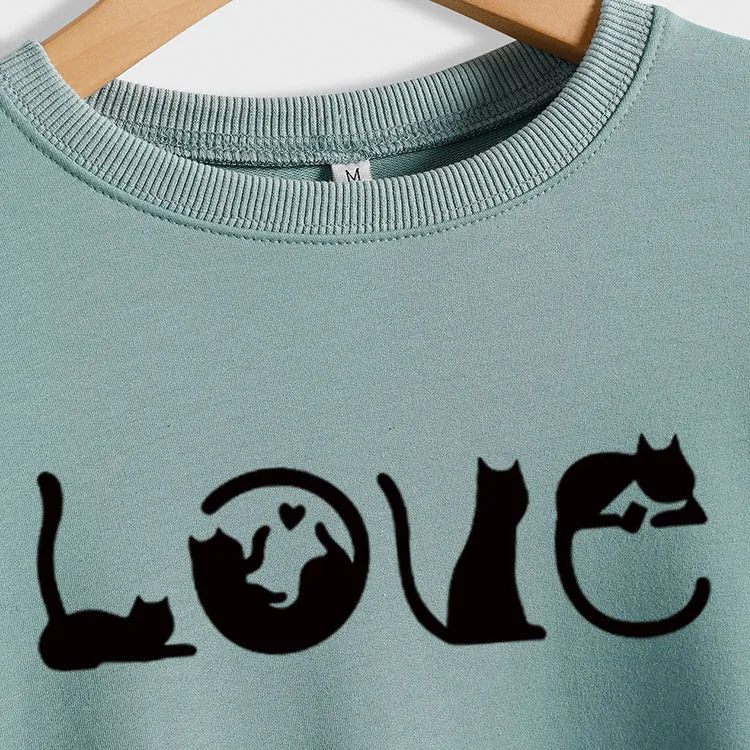 Cute Cat Love Round Neck Loose Women's Long Sleeve Sweatshirt