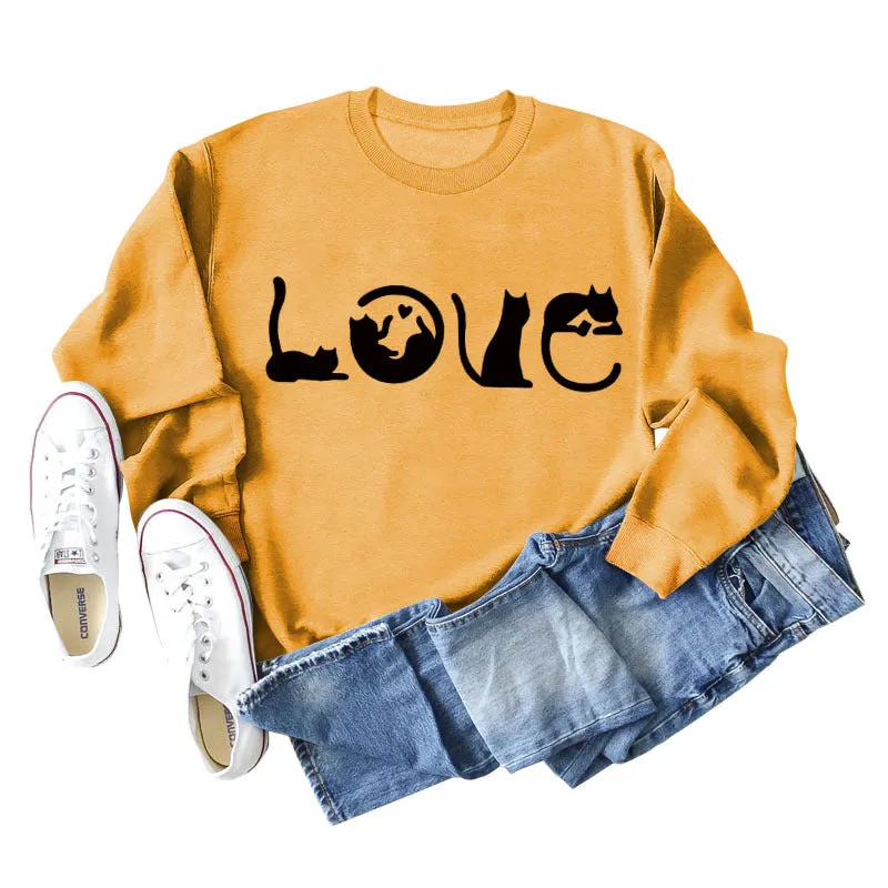 Cute Cat Love Round Neck Loose Women's Long Sleeve Sweatshirt