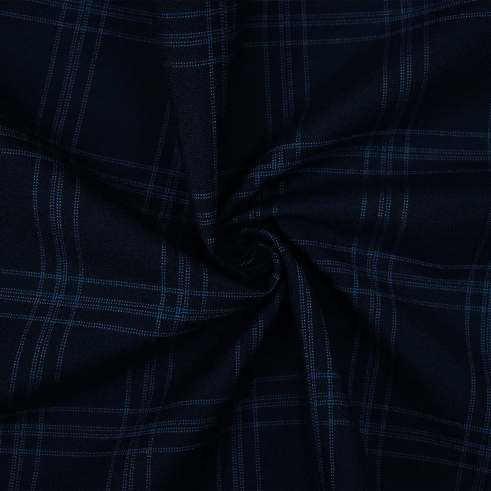 Deep Navy-Blue Poly-Wool Plaid Woven Shirting Fabric