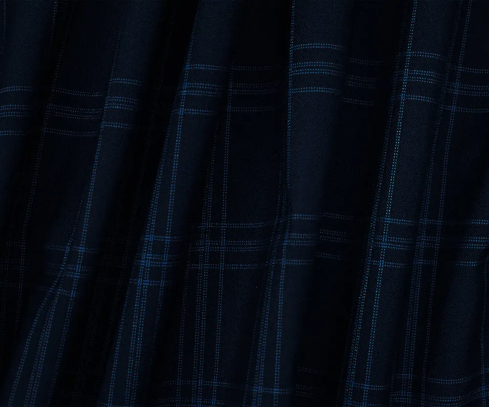 Deep Navy-Blue Poly-Wool Plaid Woven Shirting Fabric