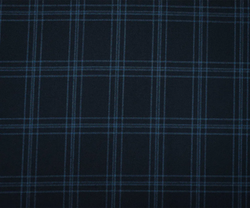 Deep Navy-Blue Poly-Wool Plaid Woven Shirting Fabric