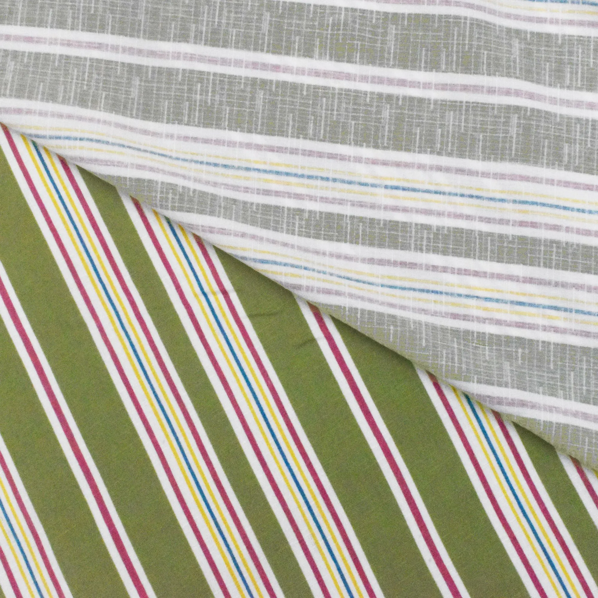 Deep Olive Green-White-Multi Stripe Polyester Slub Shirting Fabric