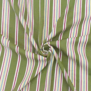 Deep Olive Green-White-Multi Stripe Polyester Slub Shirting Fabric