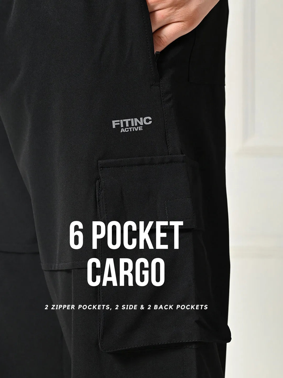 FITINC All Weather 6 Pocket Cargo Pants for Men - Black