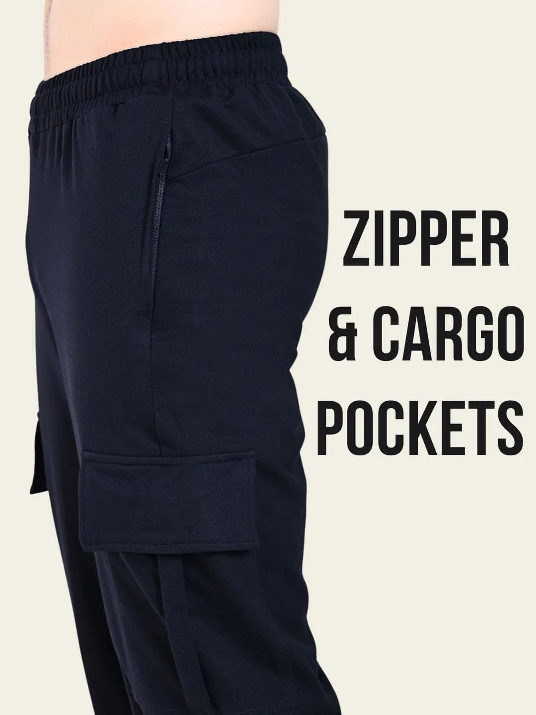 FITINC All Weather Cotton Zipper Pockets Jogger Cargo for Men - Navy Blue