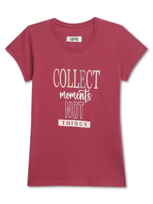 Girls Casual Dark Pink Half Sleeves  T-Shirt