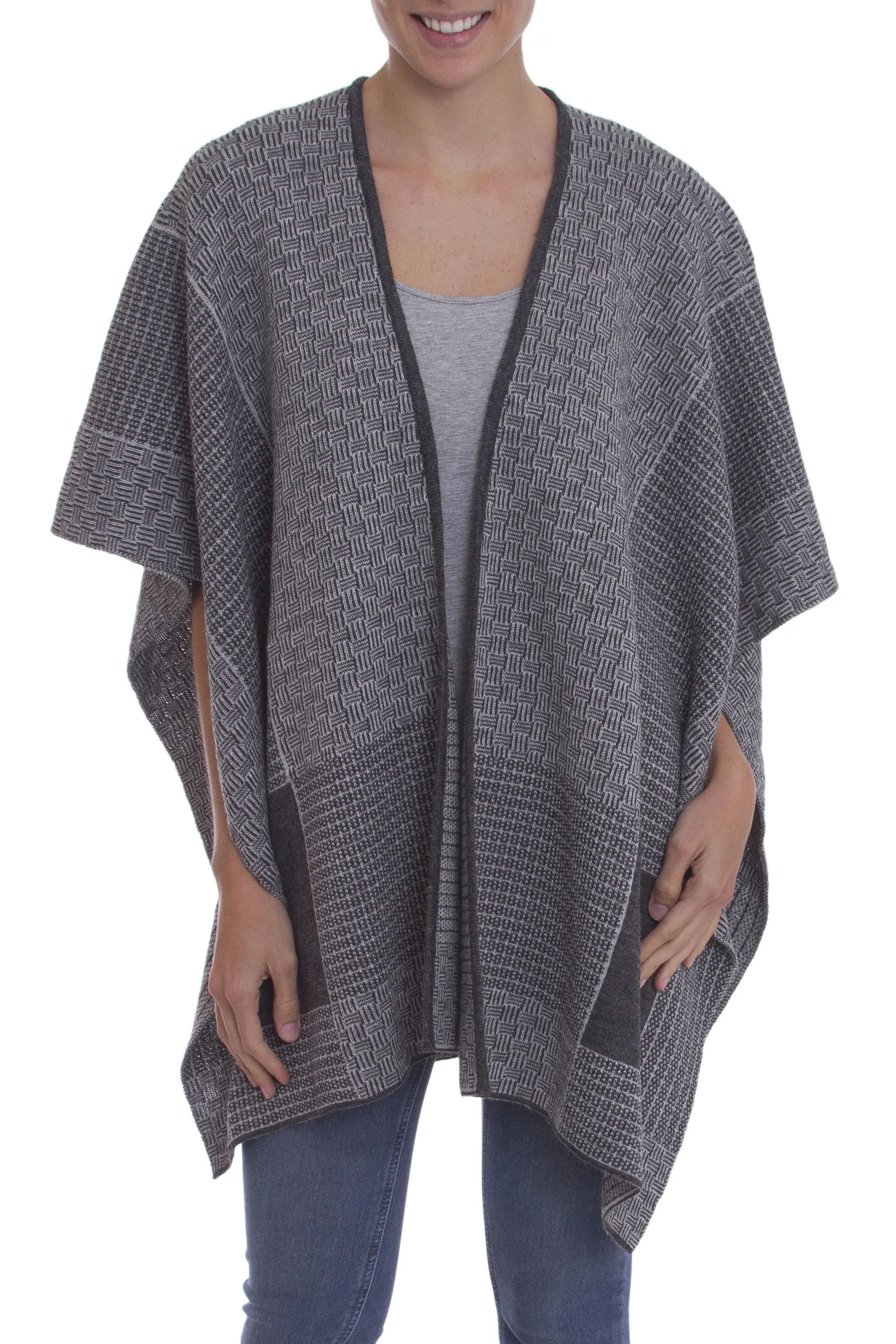 Grey Medley Peruvian Reversible Multi Patterned Grey Alpaca Blend Ruana