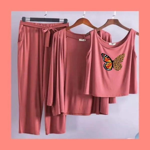 Grey Orange Butterfly Women Night Suit PJ 3 Pieces Set