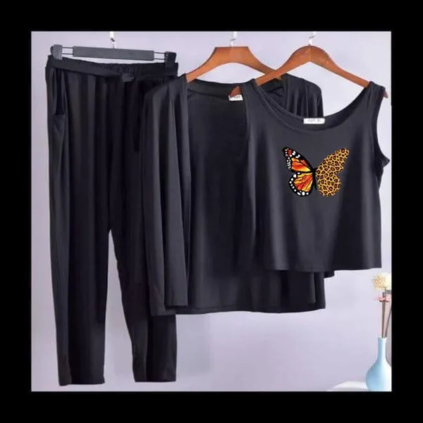 Grey Orange Butterfly Women Night Suit PJ 3 Pieces Set