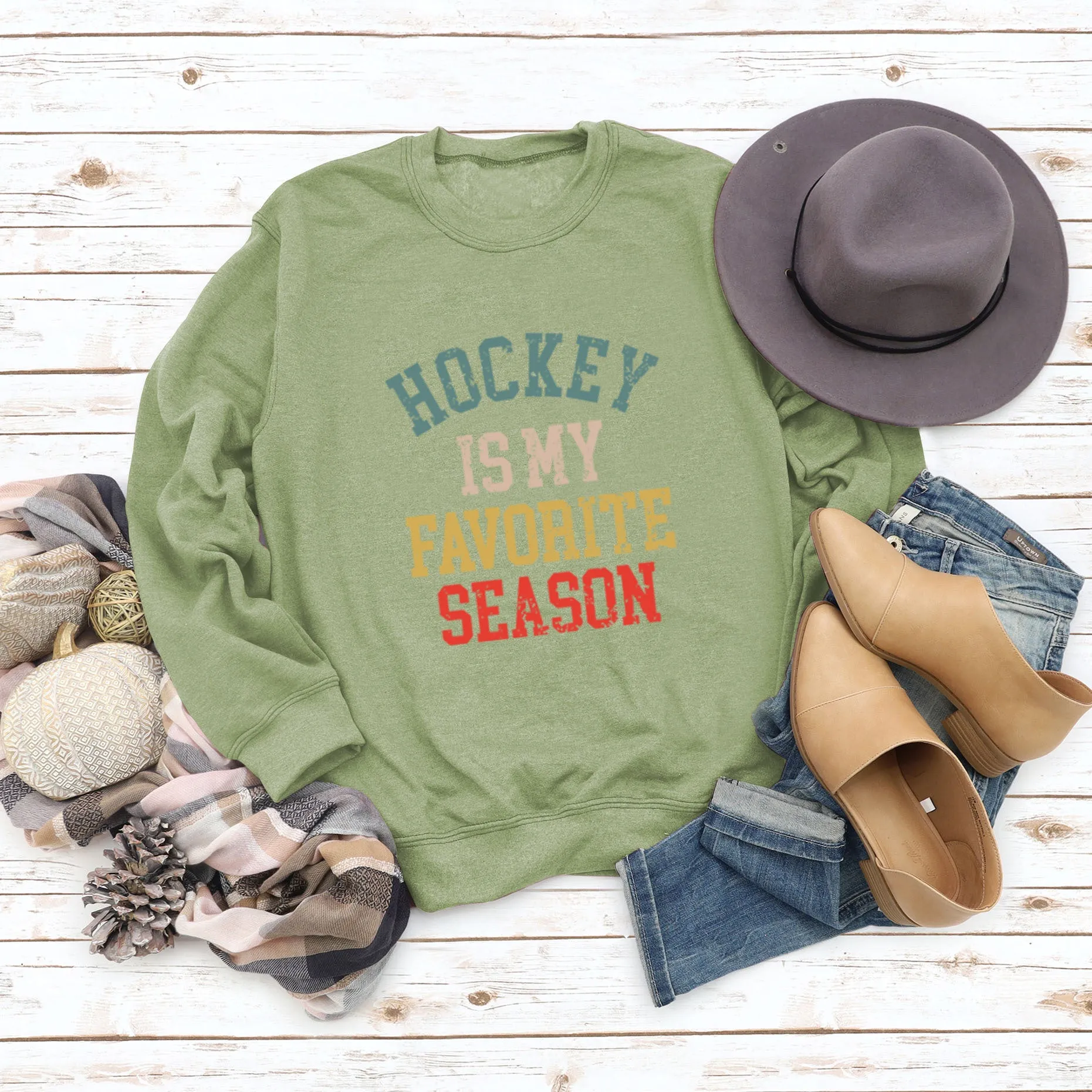 HOCKEY IS MY FAVORITE Letter Round Neck Plus Size Long Sleeve Sweater Girl