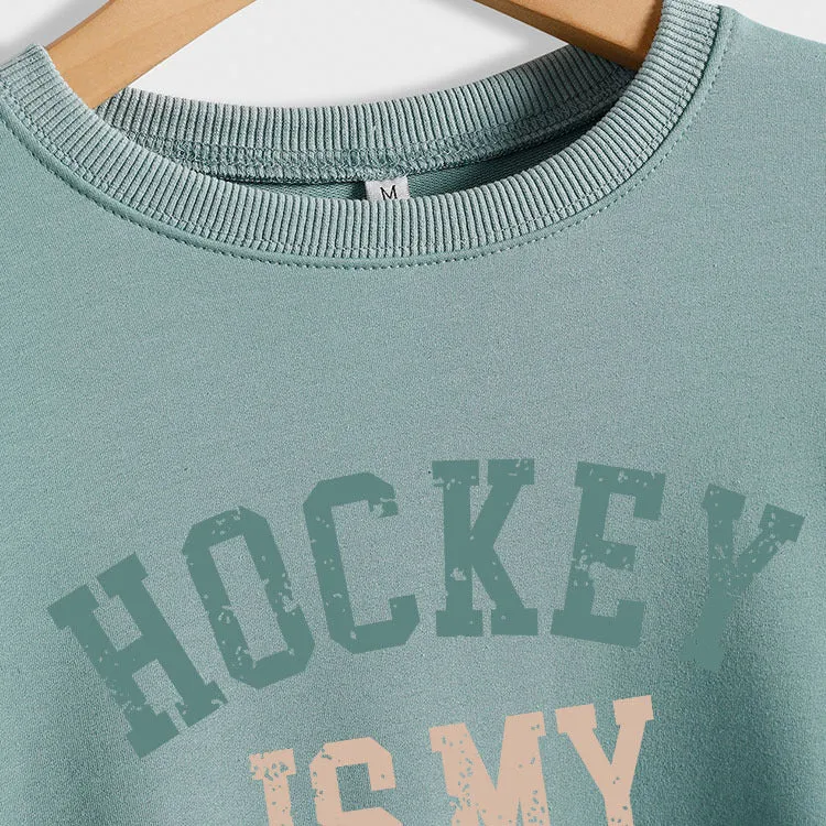 HOCKEY IS MY FAVORITE Letter Round Neck Plus Size Long Sleeve Sweater Girl