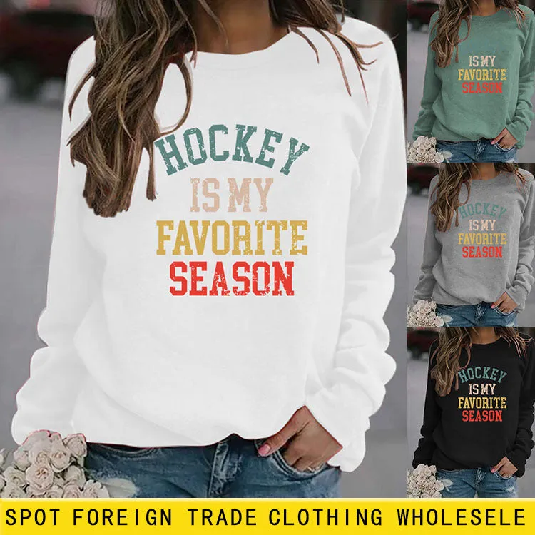 HOCKEY IS MY FAVORITE Letter Round Neck Plus Size Long Sleeve Sweater Girl