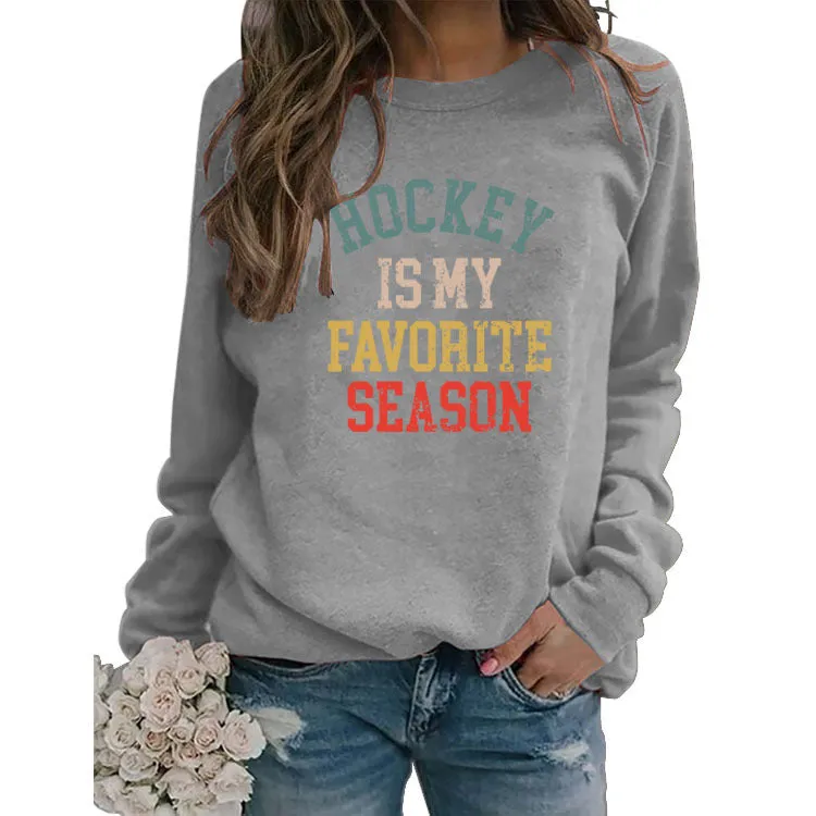 HOCKEY IS MY FAVORITE Letter Round Neck Plus Size Long Sleeve Sweater Girl